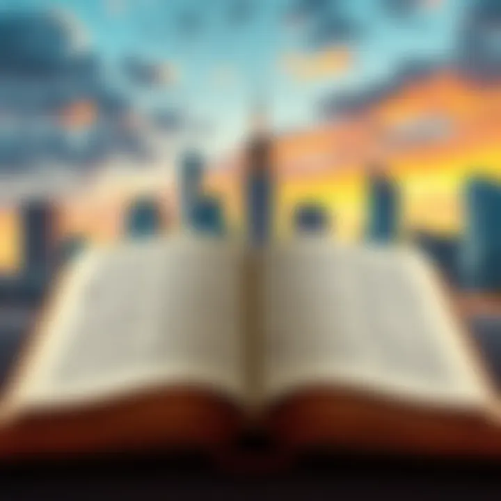 An open book with ancient scripts and a modern city skyline in the background, symbolizing enduring lessons across time.