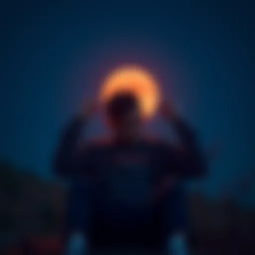 A person sitting outdoors with a pained expression, holding their ears under a bright Blood Moon in the night sky, surrounded by ambient noise elements.