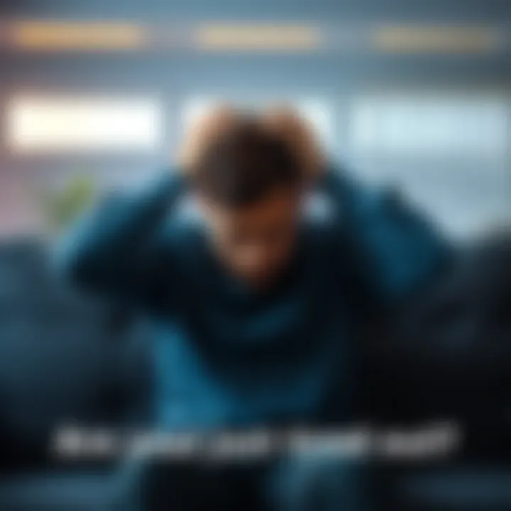 A tired person sitting on a couch with their head in their hands, looking overwhelmed