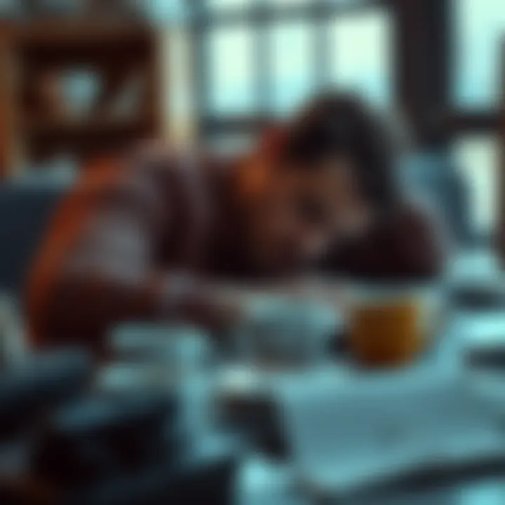 A person rests their head on a cluttered desk, showing signs of tiredness and fatigue, with empty coffee cups around them.