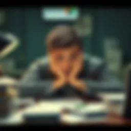 A weary person resting their head on their hands at a desk, surrounded by paperwork