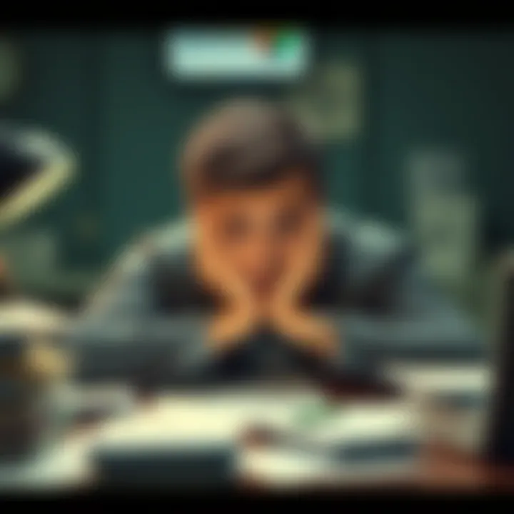A weary person resting their head on their hands at a desk, surrounded by paperwork