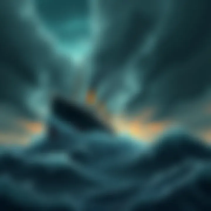 A dramatic illustration capturing the Titanic just before it rises dramatically into the air, moments before its tragic sinking, surrounded by dark, ominous skies and crashing waves.