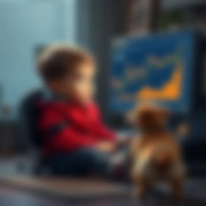 A toddler sitting at a computer, with a surprised look, as a cryptocurrency chart appears on the screen. A playful dog is nearby.