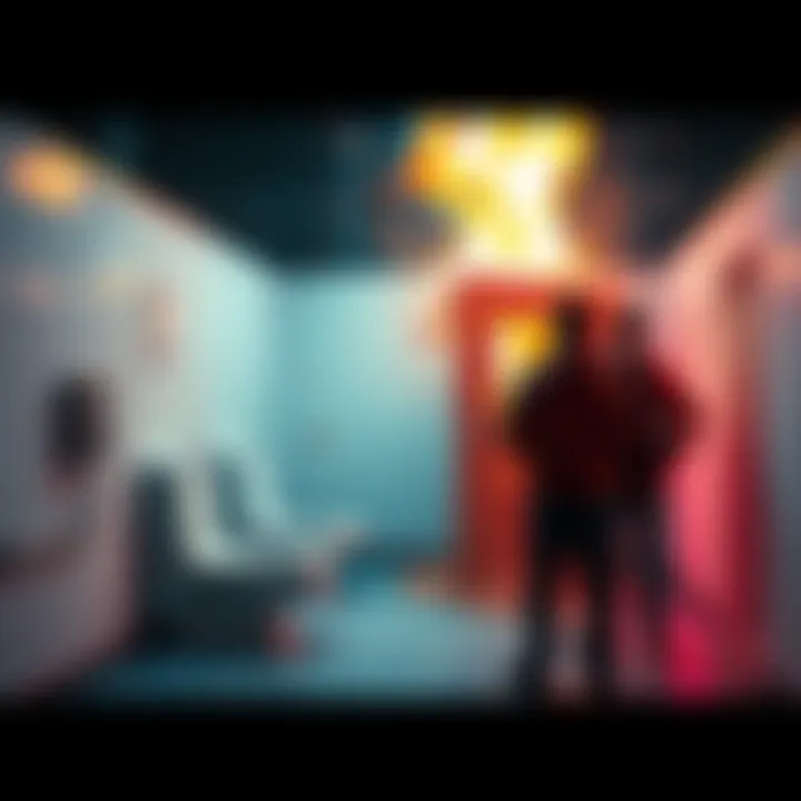 A public restroom toilet suddenly explodes, sending debris into the air while bystanders remain unharmed nearby, looking shocked.
