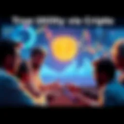 A group of people discussing the value of crypto tokens with charts and graphs in the background