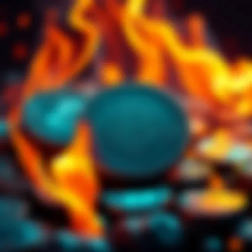 Token burning concept A graphic illustration of digital coins with flames, symbolizing the token burn concept affecting EU coin holders.