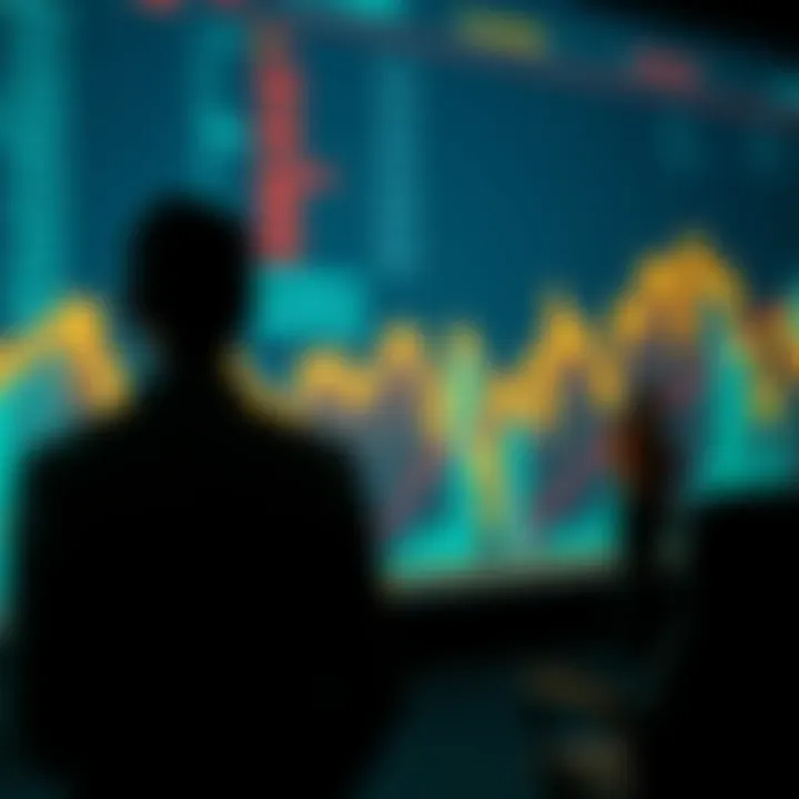 A graph showing a downward trend in token prices alongside an increasing token supply line, with worried investors observing the data in the background.