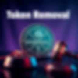 Graphic showing a digital token with a crossed-out symbol, symbolizing removal, alongside a gavel representing free speech issues