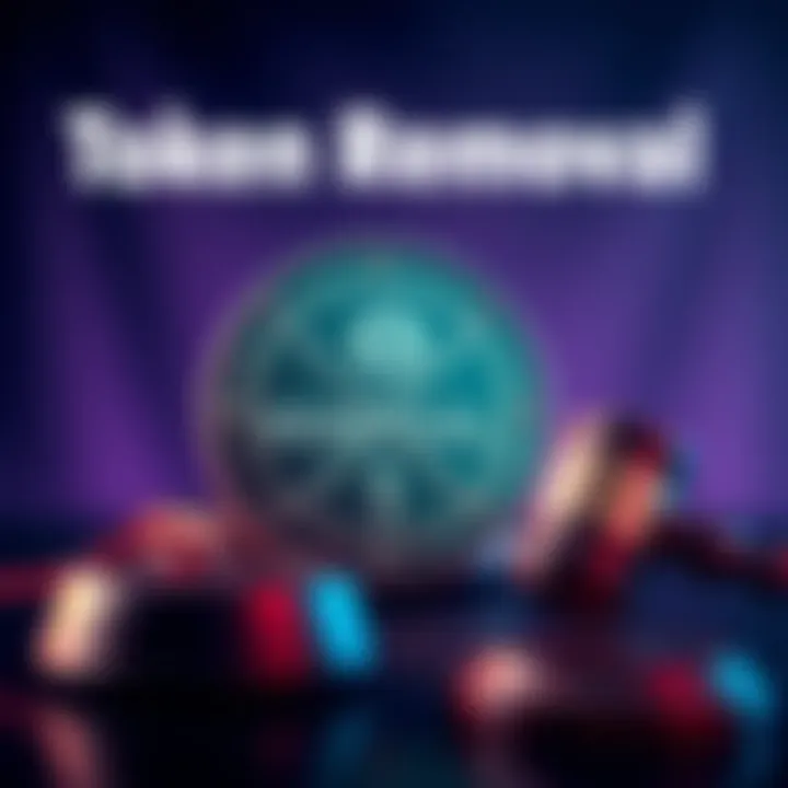 Graphic showing a digital token with a crossed-out symbol, symbolizing removal, alongside a gavel representing free speech issues