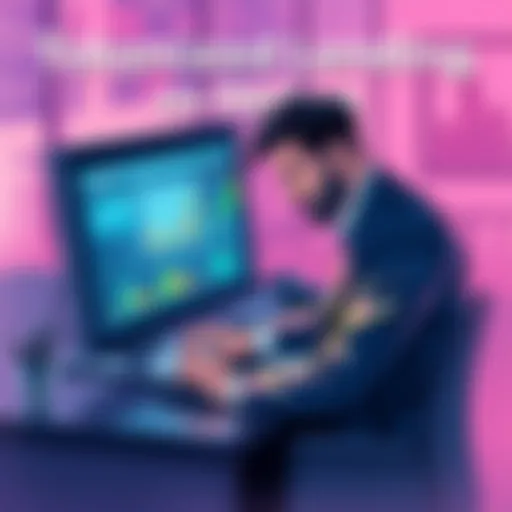 A digital illustration showing a business professional analyzing tokenized assets on a computer, representing modern lending solutions on the Hedera platform.