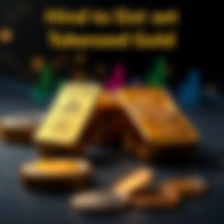 A comparison of tokenized gold bars and traditional gold coins with digital currency icons in the background.