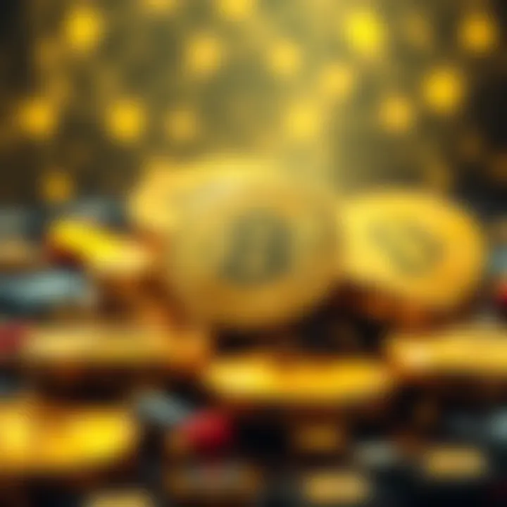 Illustration of digital gold coins representing tokenized gold on the XRPL platform, with a backdrop of blockchain elements.