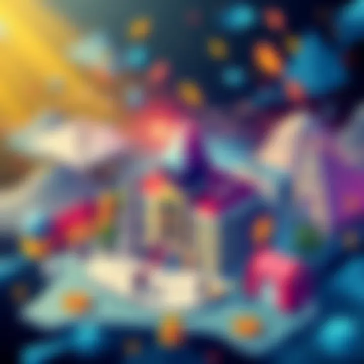 Illustration of real world assets like real estate and commodities being represented as digital tokens on the Ethereum blockchain