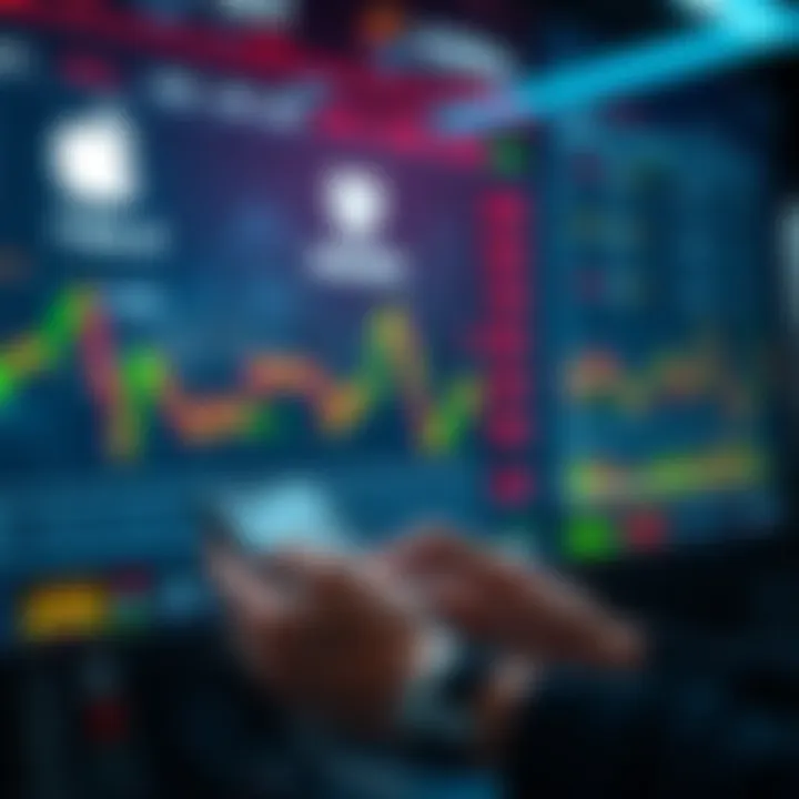 A digital display showing tokenized stocks for Apple, Tesla, and Amazon, with a person using a mobile device to trade.