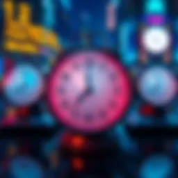 An illustration showing digital clocks representing each minute as unique tokens, symbolizing time as digital real estate.