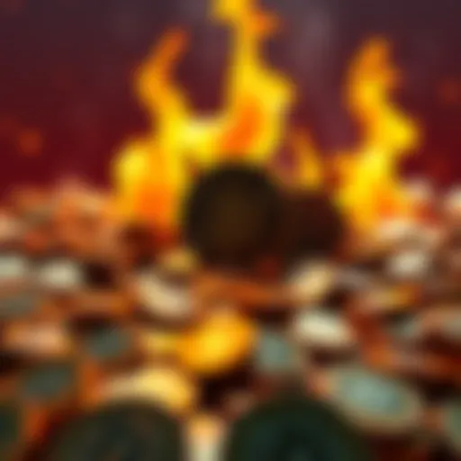 A visual representation of cryptocurrency tokens being unburned, illustrating a large number of digital coins with flames in the background symbolizing the unburning process.
