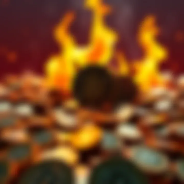 A visual representation of cryptocurrency tokens being unburned, illustrating a large number of digital coins with flames in the background symbolizing the unburning process.