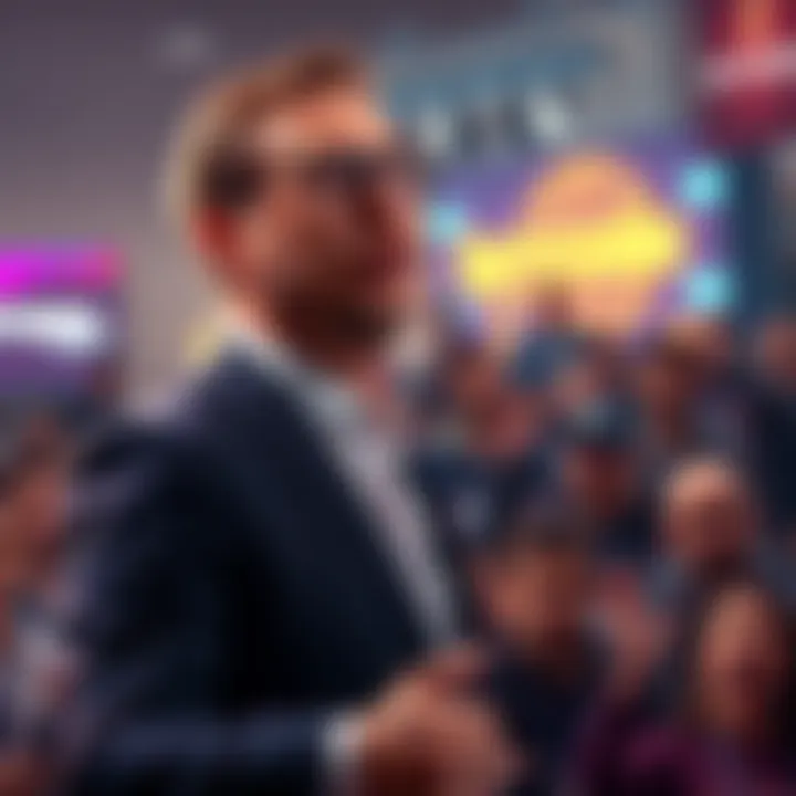 Tom Lee stands confidently, addressing a crowd about the resilience of cryptocurrencies amid criticism from Jamie Dimon.