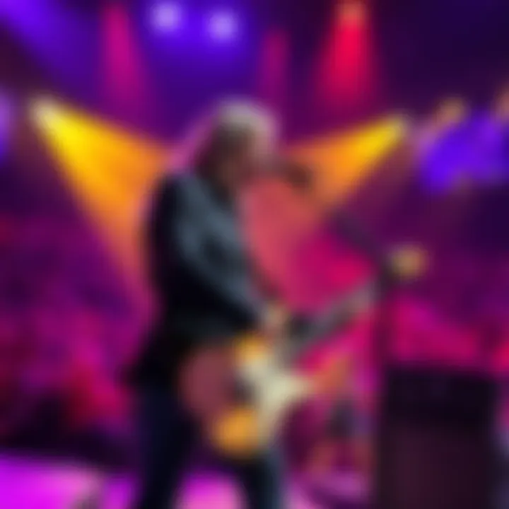 Tom Petty playing guitar and singing during a live concert with a vibrant crowd