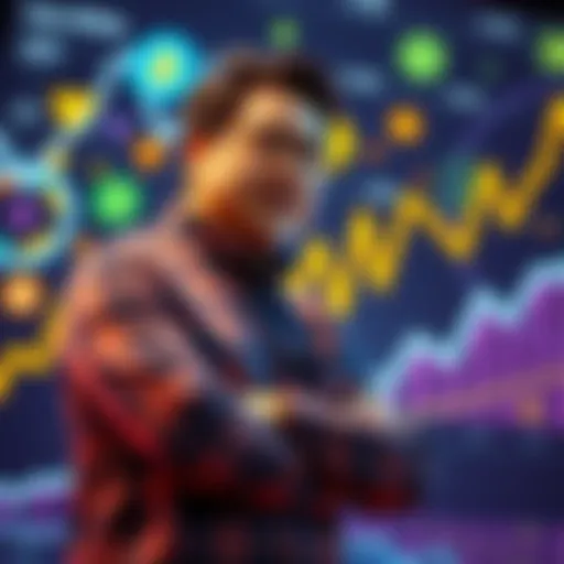 Tom Lee stands with arms crossed, expressing his views on AI market valuations, while a digital graphic of cryptocurrency symbols and a rising graph is in the background.