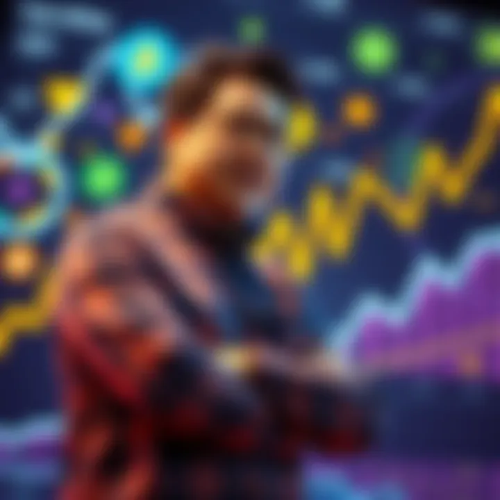 Tom Lee stands with arms crossed, expressing his views on AI market valuations, while a digital graphic of cryptocurrency symbols and a rising graph is in the background.