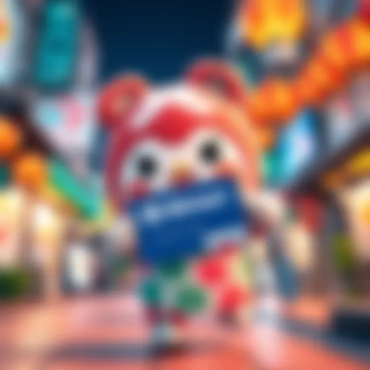 A colorful character from Tomodachi Life happily endorsing the BitMart Card in a fun setting.