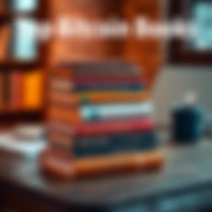 A stack of popular bitcoin books on a wooden table next to a laptop and coffee mug