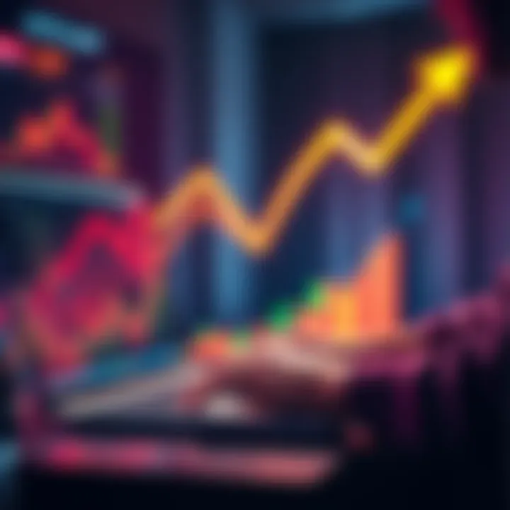 A person analyzing cryptocurrency charts and trends on a laptop with growth arrows in the background
