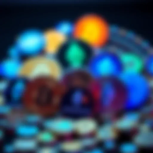 A collection of popular blue chip cryptocurrencies symbols along with Bitcoin and Ethereum logos