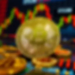 A shiny gold coin with a digital symbol representing cryptocurrency on a stock market background.