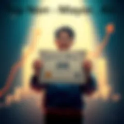 A person proudly showing a certificate for ranking 102 in non-mayor achievements, surrounded by parcels and a graph indicating success