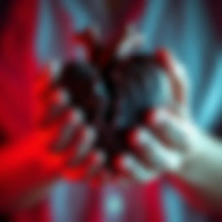A heart symbolically torn apart, held together by delicate hands, representing emotional pain and healing.