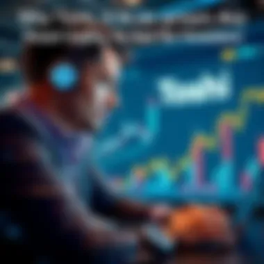 A visual of a confident investor looking at financial graphs and charts indicating growth, with Toshi branding in the background.