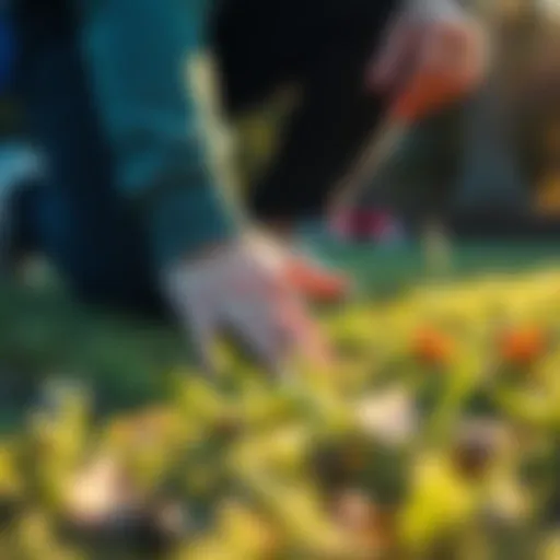 A person kneeling on the grass with hands on the ground, enjoying nature