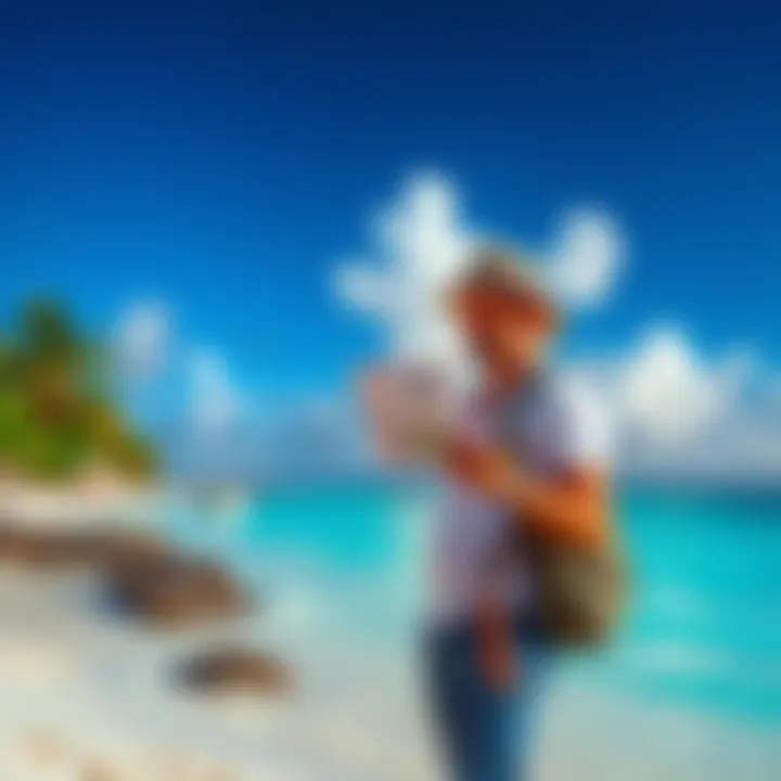 A worried tourist standing on a beautiful beach in the Bahamas, looking at a confusing map or brochure