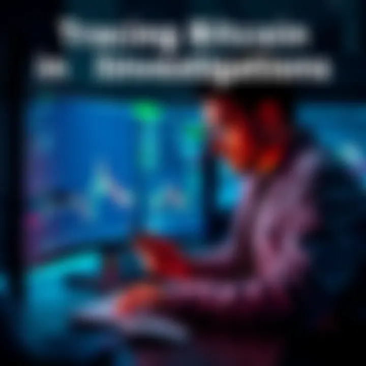 A detective analyzing Bitcoin wallet transactions on a computer screen with charts and data, representing the tracing of BTC in criminal cases.