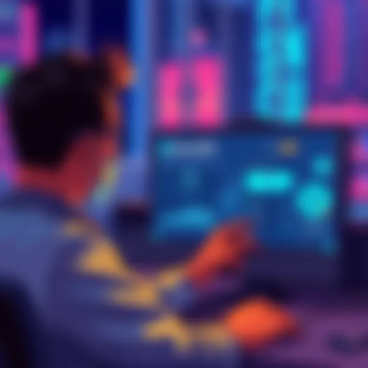 Illustration of a person looking at a computer screen with a digital wallet interface, showing a search for stolen funds.