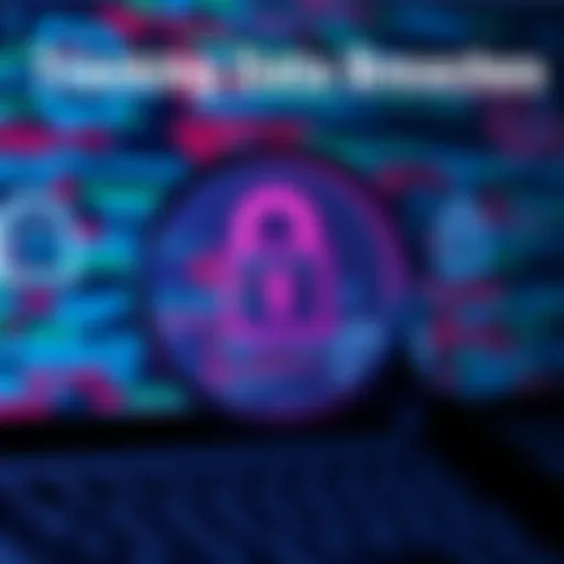 A graphic showing a magnifying glass over a computer screen with code and lock icons, symbolizing the investigation of data breaches
