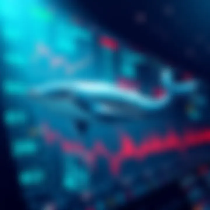 An illustration showing a digital whale swimming through data charts and graphs in the cryptocurrency market.