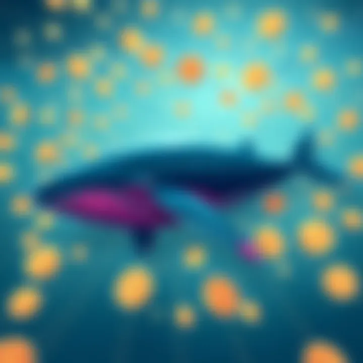 An illustration showing a digital whale swimming through a sea of cryptocurrency symbols, with lines connecting to wallet addresses.