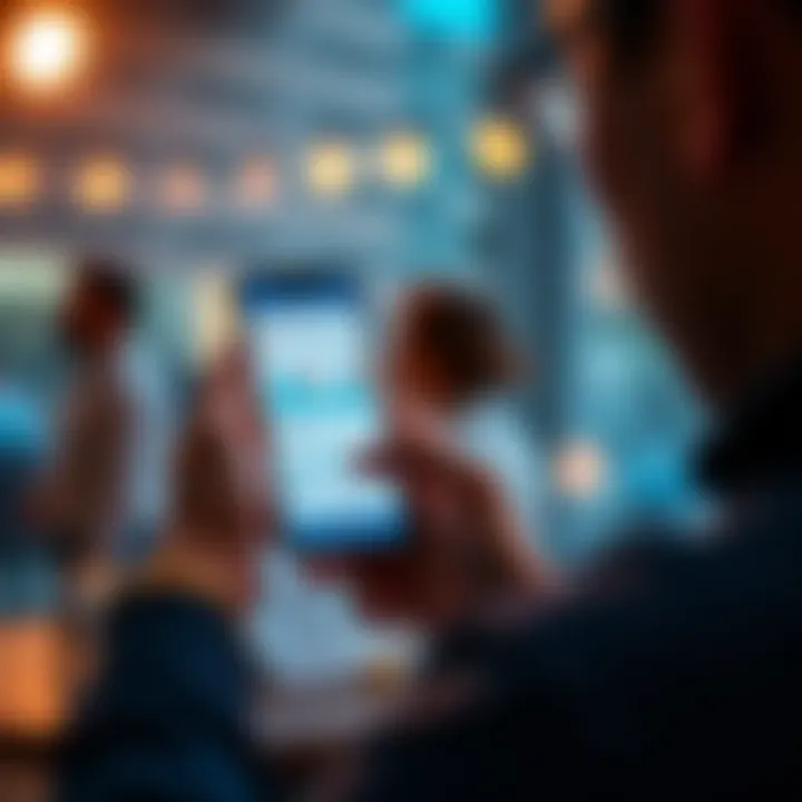 A person looking at a smartphone screen displaying a client tracking app, showing graphs and reminders for personal and professional interactions