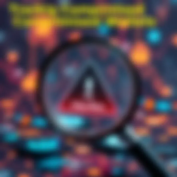 A magnifying glass over digital wallet icons, highlighting a warning sign for compromised wallets. Security symbols in the background.