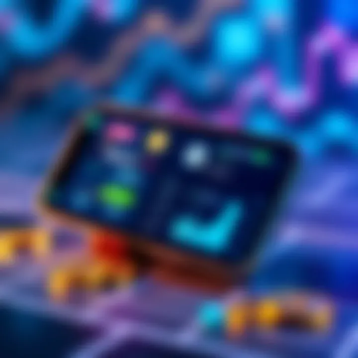 A smartphone displaying multiple cryptocurrency wallet apps, with graphs and digital coins on the screen.
