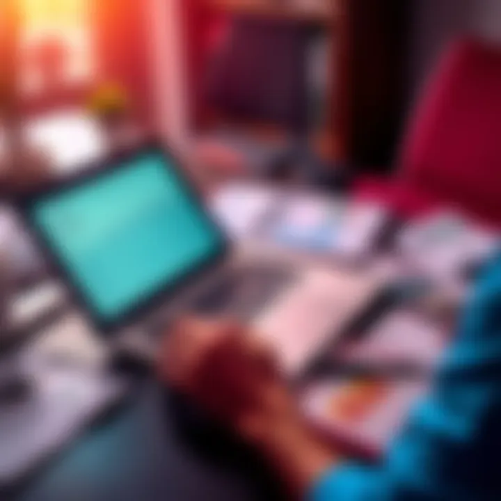 A person analyzing a budget on a laptop with charts and receipts scattered on the table