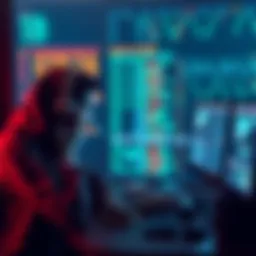 A concerned person sitting at a computer, looking at blockchain data, trying to track stolen cryptocurrency.
