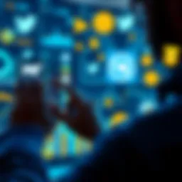 A person using a smartphone to track memecoins on Twitter, surrounded by trending charts and dog-themed icons, showing excitement.