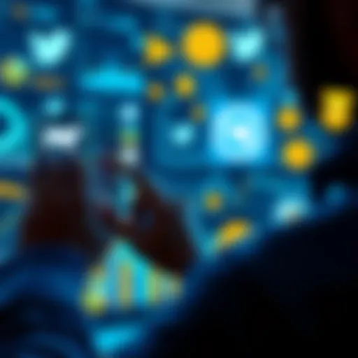 A person using a smartphone to track memecoins on Twitter, surrounded by trending charts and dog-themed icons, showing excitement.