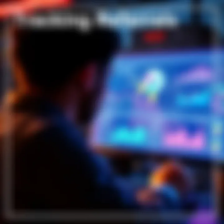A graphic showing a person analyzing referral data on a computer screen, with charts and graphs illustrating performance metrics.