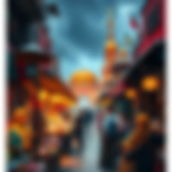 A vibrant market scene blending religious symbols and commerce, highlighting the connection between faith and local economies.